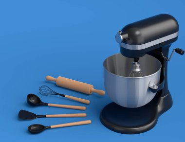 Mavi arka planda hamur hazırlamak için mutfak gereçleriyle karıştırıcı. Aşçılık, harmanlama ve karıştırma için 3D pişirme süreci adım adım ve aksesuarları