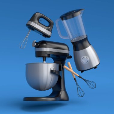 Mutfak gereçleri ile karıştırıcı ve el çırpıcı ve mavi arka planda hamur ve kokteyl hazırlamak için çırpıcı. Aşçılık, harmanlama ve karıştırma için 3D pişirme süreci adım adım ve aksesuarları