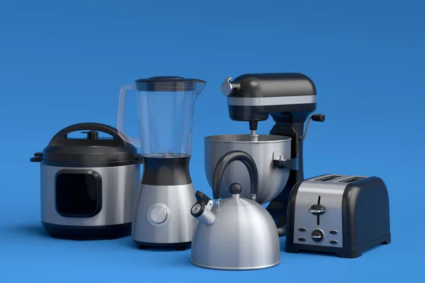 Electric Kitchen Appliances Utensils Making Breakfast Blue Background Render Kitchenware — ストック写真