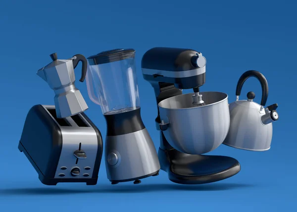Electric Kitchen Appliances Utensils Making Breakfast Blue Background Render Kitchenware — Fotografia de Stock