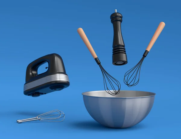 Metal bowl with electric mixer kitchen appliance for mixing and blending and cookie cutters on blue background. 3d render of home kitchen tools and accessories for cooking, blending and mixing