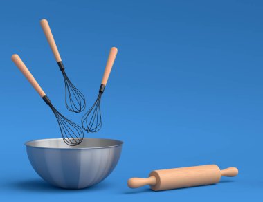 Mavi arka planda hamur hazırlamak için mutfak gereçleri ile metal kase. Aşçılık, harmanlama ve karıştırma için 3D pişirme süreci adım adım ve aksesuarları