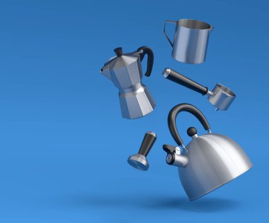 Espresso kahve makinesi, borulu çaydanlık ve mavi arka planda kahvaltı hazırlamak için gayzer kahve makinesi. Kahve yapmak için 3D kahve demliği.