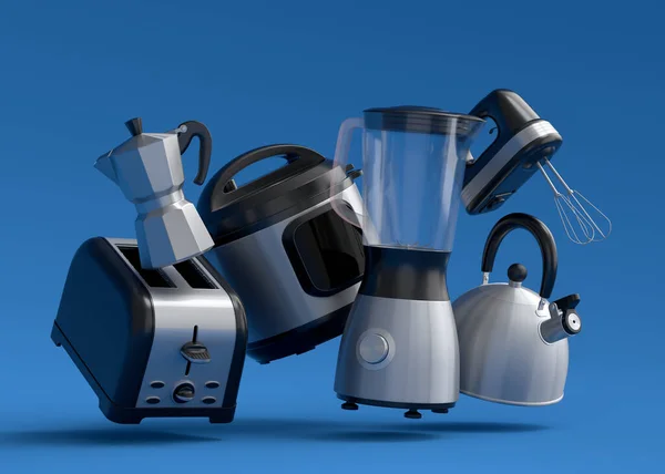 Electric Kitchen Appliances Utensils Making Breakfast Blue Background Render Kitchenware — стоковое фото