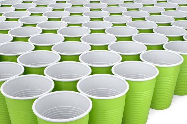 Set of plastic disposable party cup isolated on white background. 3d render of take away glass for juice, fresh, beer