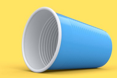 Plastic disposable party cup isolated on yellow background. 3d render of take away glass for juice, fresh, beer