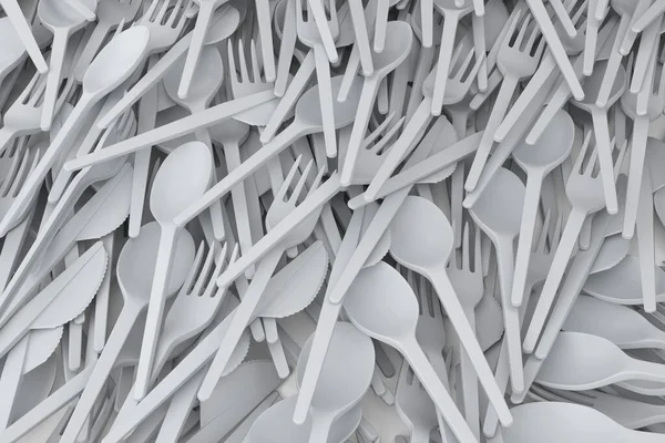 Heap Disposable Utensils Spoon Fork Knife White Background Render Concept — Stock Fotó