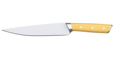 Şefin mutfak bıçağı beyaz arka planda izole edilmiş ahşap saplı. 3 boyutlu kasap bıçağı ya da profesyonel mutfak aletleri.