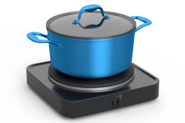Stainless steel stewpot and chrome plated aluminum cookware on portable camping electric stove on white background. 3d render of non-stick kitchen utensils