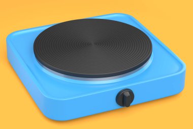 Sarı arka planda izole edilmiş taşınabilir elektrikli ocak. 3D seyahat fırını. Mutfakta buharlı tencerede yemek ve kaynar su hazırlamak için.