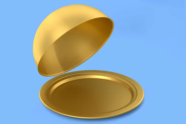 Gold Tablett Mit Cloche Bereit Isoliert Auf Blauem Hintergrund Dienen — Stockfoto