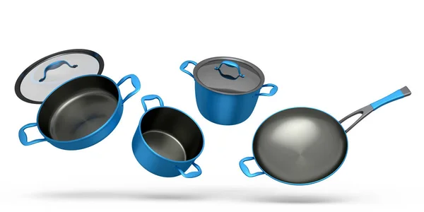 Set Flying Stainless Steel Stewpot Frying Pan Chrome Plated Aluminum — Fotografie, imagine de stoc