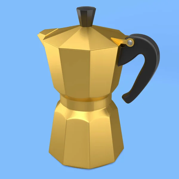 意大利间歇泉咖啡制造商A Moka蓝色背景 煮浓缩咖啡用的咖啡壶3D渲染 — 图库照片
