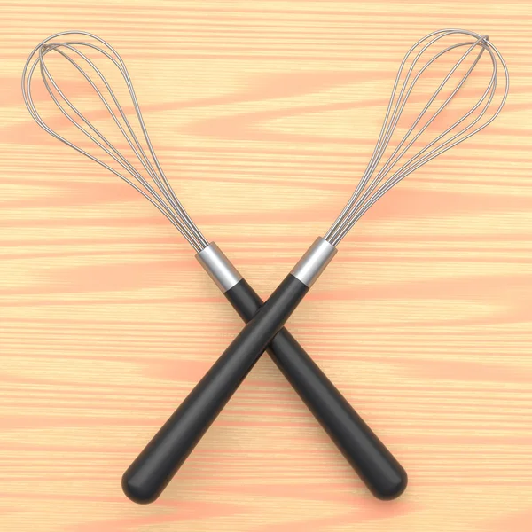 Set Whisk Wooden Handle Isolated Wooden Background Render Home Kitchen — Stock Photo, Image