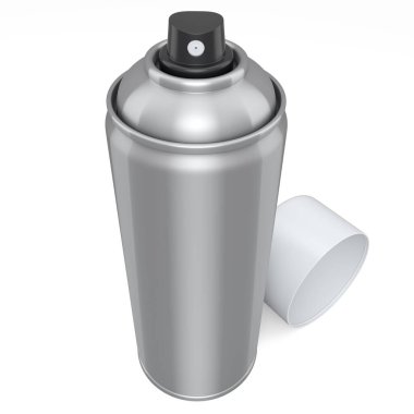 Beyaz arka planda izole edilmiş sprey boya kutusu. 3 boyutlu sprey boya şişesi ve beyaz arka planda izole edilmiş sprey boya kutusu. 3D render sprey boya şişesi ve şeker kutusu.