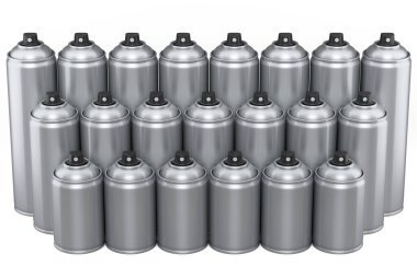 Beyaz arka planda gümüş renkli sprey boya kutuları. 3 boyutlu sprey boya şişesi ve beyaz arka planda izole edilmiş sprey boya kutusu. 3D render sprey boya şişesi ve şeker kutusu.