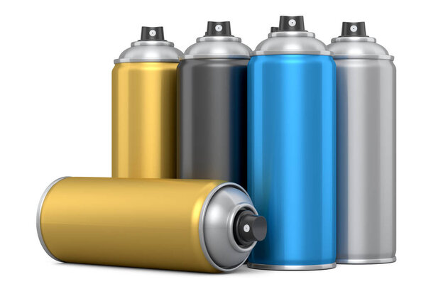 Set of spray paint cans isolated on white background. 3d render spray paint bottle and dispenserCan of spray paint isolated on white background. 3d render spray paint bottle and dispenser