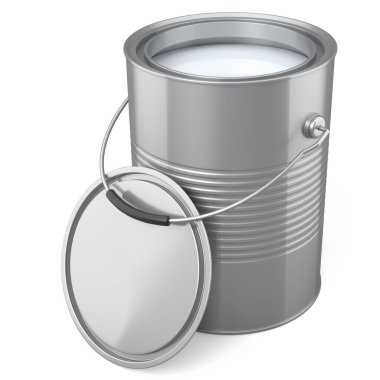 Açık metal kutu ya da beyaz arka planda tutacağı olan boya kovaları. 3D yenileme konsepti ve iç tasarım