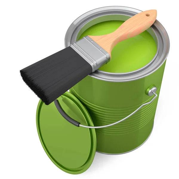 Open Metal Can Buckets Paint Bristle Brush White Background Render — Stock Photo, Image