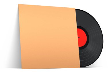 Black vinyl LP record with cover isolated on white background. 3d render of musical long play album disc 33 rpm