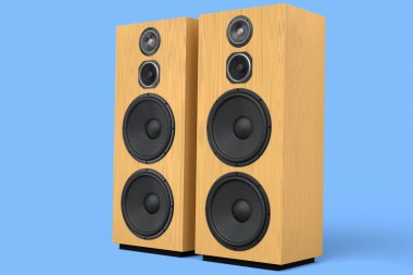 Hoparlörlü hoparlörler mavi arkaplanda izole edildi. Ses kayıt stüdyosu için müzik kutusu gibi 3D ses ekipmanları oluştur