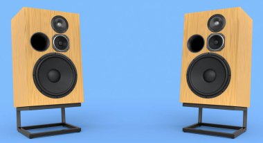 Hoparlörlü Hi-Fi hoparlörleri mavi arka planda izole edildi. Ses kayıt stüdyosu için müzik kutusu gibi 3D ses ekipmanları oluştur