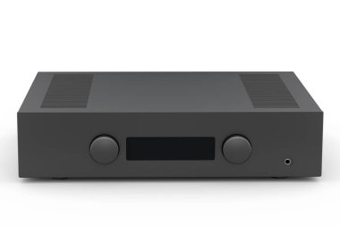 Pikablı HiFi sistemi ve beyaz arka planda ev sineması için yükseltici. Dinleme müziği için 3d yorumlama konsepti