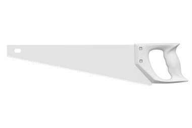 Beyaz monokrom arka planda izole edilmiş sertleştirilmiş dişlerle el testeresi. Marangozluk işi veya ahşap araçları için 3d görüntüleme ve illüstrasyon