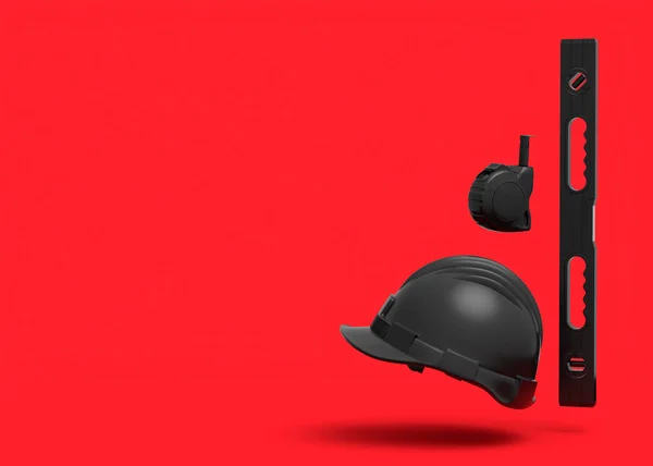 黑色建筑工具的飞行视图 用于红色背景下的修理和安装 房屋管道工或修理工服务横幅3D渲染及图解 — 图库照片