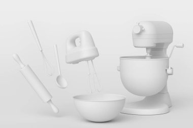 Tek renk arka planda hamur hazırlamak için mutfak gereçleriyle karıştırıcı ve metal kase. Aşçılık, harmanlama ve karıştırma için 3D pişirme süreci adım adım ve aksesuarları