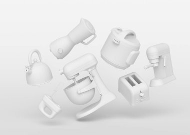 Tek renkli arka planda kahvaltı hazırlamak için elektrikli mutfak aletleri ve aletleri. Pişirme, pişirme, karıştırma ve kırbaçlama için 3D mutfak gereçleri