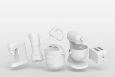 Tek renkli arka planda kahvaltı hazırlamak için elektrikli mutfak aletleri ve aletleri. Pişirme, pişirme, karıştırma ve kırbaçlama için 3D mutfak gereçleri