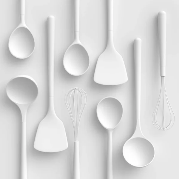Wooden kitchen utensils, tools and equipment on monochrome background. 3d render of home kitchen tools and accessories for cooking