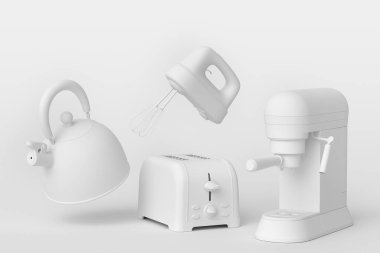 Espresso kahve makinesi, el mikseri, çaydanlık ve tost makinesi tek renkli arka planda kahvaltı hazırlamak için. Kahve yapmak için 3D kahve demliği.