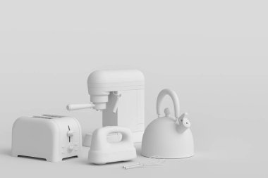 Espresso kahve makinesi, el mikseri, çaydanlık ve tost makinesi tek renkli arka planda kahvaltı hazırlamak için. Kahve yapmak için 3D kahve demliği.
