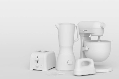 Sağlıklı smoothie yapmak için elektrikli blender, monokrom arka planda el çırpıcı ve tost makinesi. Yemek pişirmek için 3D mutfak aleti