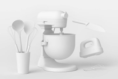 Monokrom arka planda hamur hazırlamak için mutfak gereçleriyle karıştırıcı ve el mikseri. Aşçılık, harmanlama ve karıştırma için 3D pişirme süreci adım adım ve aksesuarları