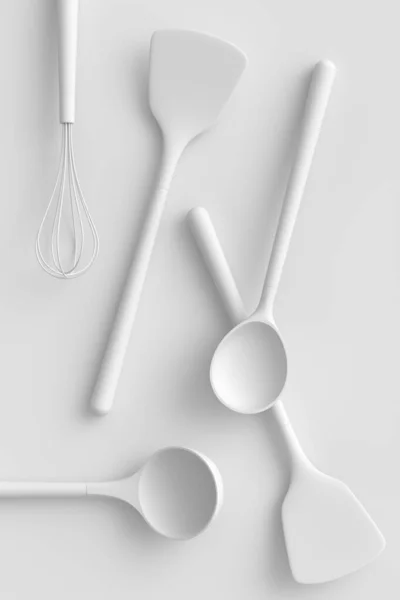 Wooden Kitchen Utensils Tools Equipment Monochrome Background Render Home Kitchen — Stock Photo, Image