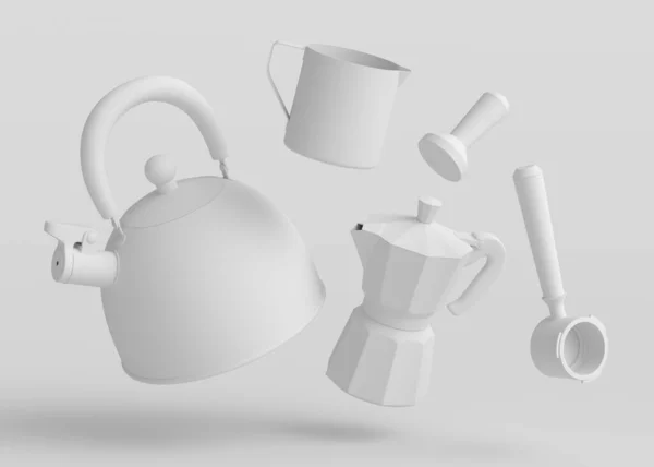 壶和间歇式咖啡机的浓缩咖啡机 用于在单色背景下准备早餐 煮拿铁咖啡用咖啡壶3D渲染 — 图库照片