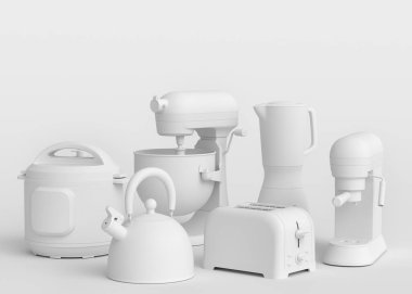 Tek renkli arka planda kahvaltı hazırlamak için elektrikli mutfak aletleri ve aletleri. Pişirme, pişirme, karıştırma ve kırbaçlama için 3D mutfak gereçleri