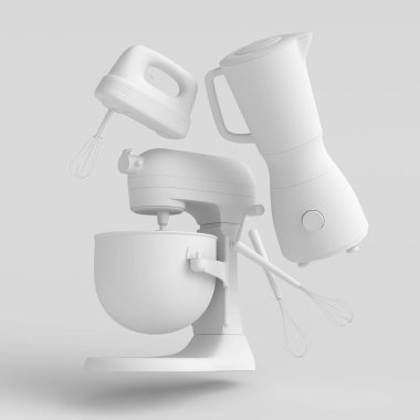 Mutfak gereçleri ile karıştırıcı ve el çırpıcı ve tek renk arka planda hamur ve kokteyl hazırlamak için çırpıcı. Aşçılık ve karıştırma için 3D pişirme işlemini adım adım ve aksesuarlar
