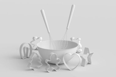 Tek renk arka planda hamur hazırlamak için mutfak aletli metal kase ve kurabiye keskisi. Yemek pişirme, karıştırma ve karıştırma için ev mutfak aletleri ve aksesuarları 3D hazırlama