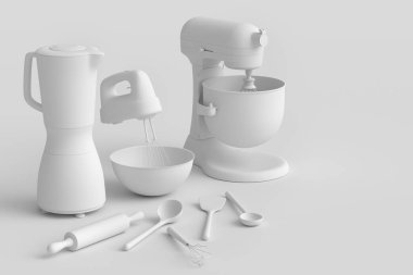 Monokrom arka planda hamur hazırlamak için mutfak gereçleriyle karıştırıcı. Aşçılık, harmanlama ve karıştırma için 3D pişirme süreci adım adım ve aksesuarları
