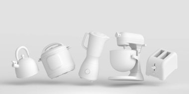 Tek renkli arka planda kahvaltı hazırlamak için elektrikli mutfak aletleri ve aletleri. Pişirme, pişirme, karıştırma ve kırbaçlama için 3D mutfak gereçleri