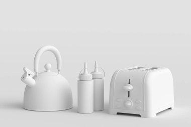 Ekmek kızartma makinesi, çaydanlık, mutfak aletli kahve makinesi tek renkli arka planda kahvaltı hazırlamak için. Aşçılık, harmanlama ve karıştırma için 3D pişirme süreci adım adım ve aksesuarları