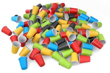 Heap of plastic disposable party cup isolated on white background. 3d render of take away glass for juice, fresh, beer