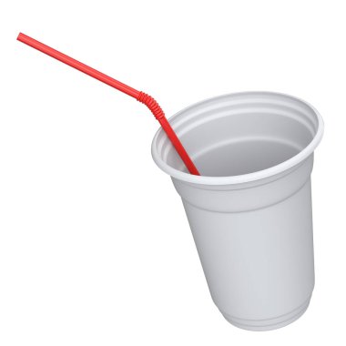 Kahve için plastik tek kullanımlık parti bardağı ya da beyaz arka planda saman ile taze. Meyve suyu, taze, bira için 3D servis bardağı.