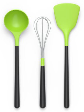 Silikon mutfak aletleri çırpı, kaşık ve beyaz arka planda katı çevirici gibi. Ev yapımı mutfak aletleri ve yemek pişirmek için aksesuarlar