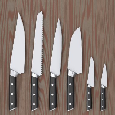 Ahşap tahtada ya da arka planda aşçının mutfak bıçakları var. 3 boyutlu kasap bıçağı ya da profesyonel mutfak aletleri.