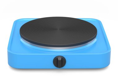 Beyaz arka planda izole edilmiş taşınabilir elektrikli ocak. 3D seyahat fırını. Mutfakta buharlı tencerede yemek ve kaynar su hazırlamak için.